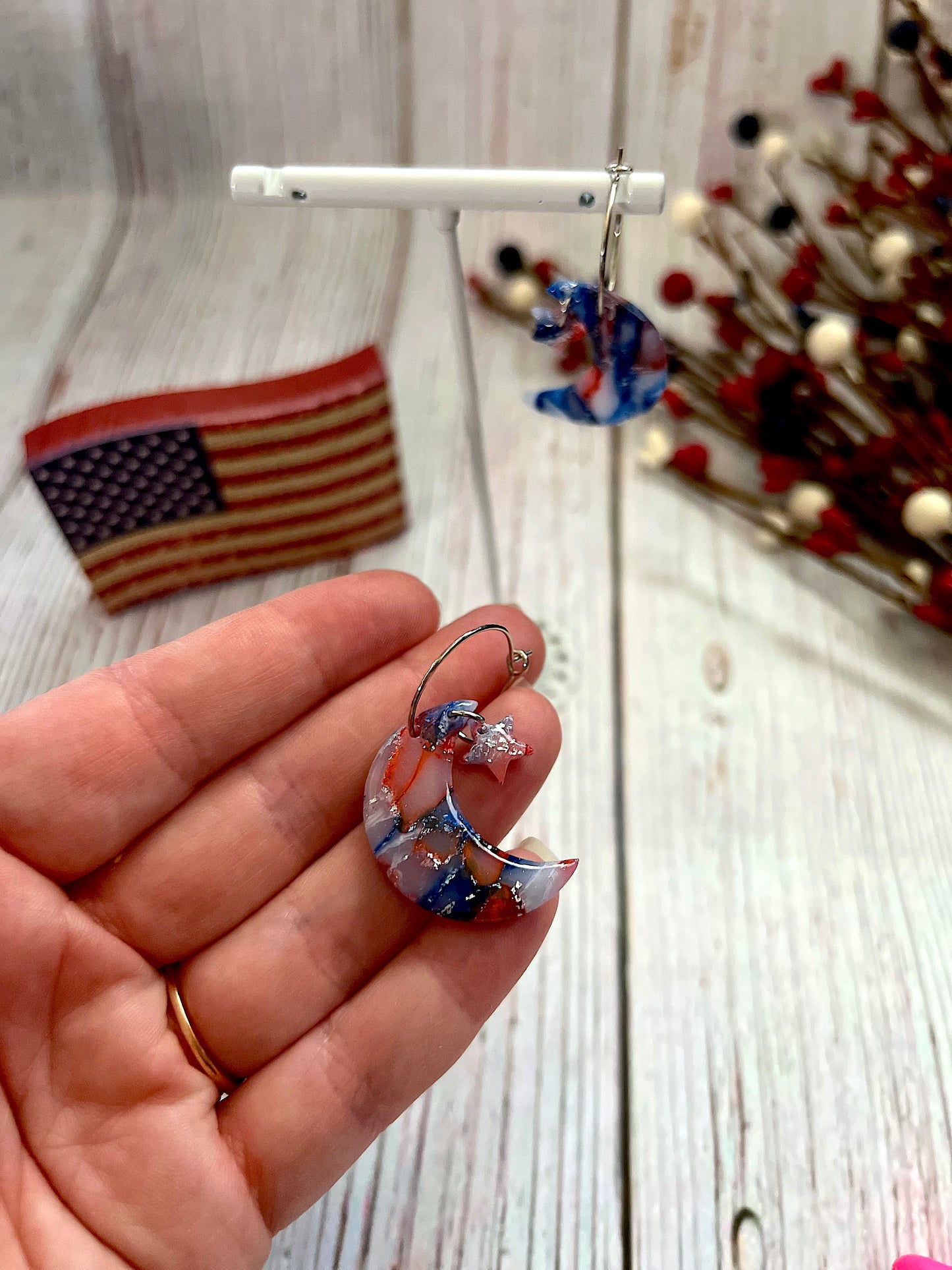 Moon and Star Dangling Red, White And Blue Marble Silver Hoop Earrings