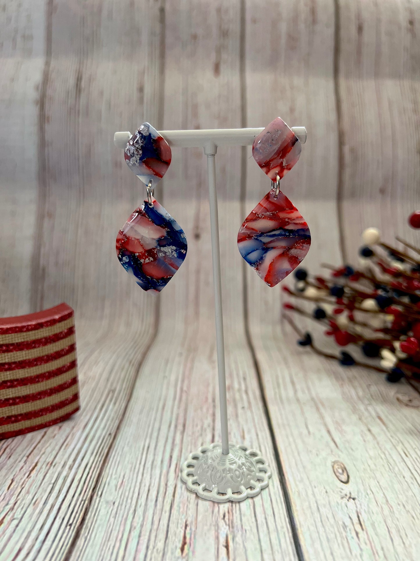 Red, White, and Blue Marbled Studded Dangling Earrings