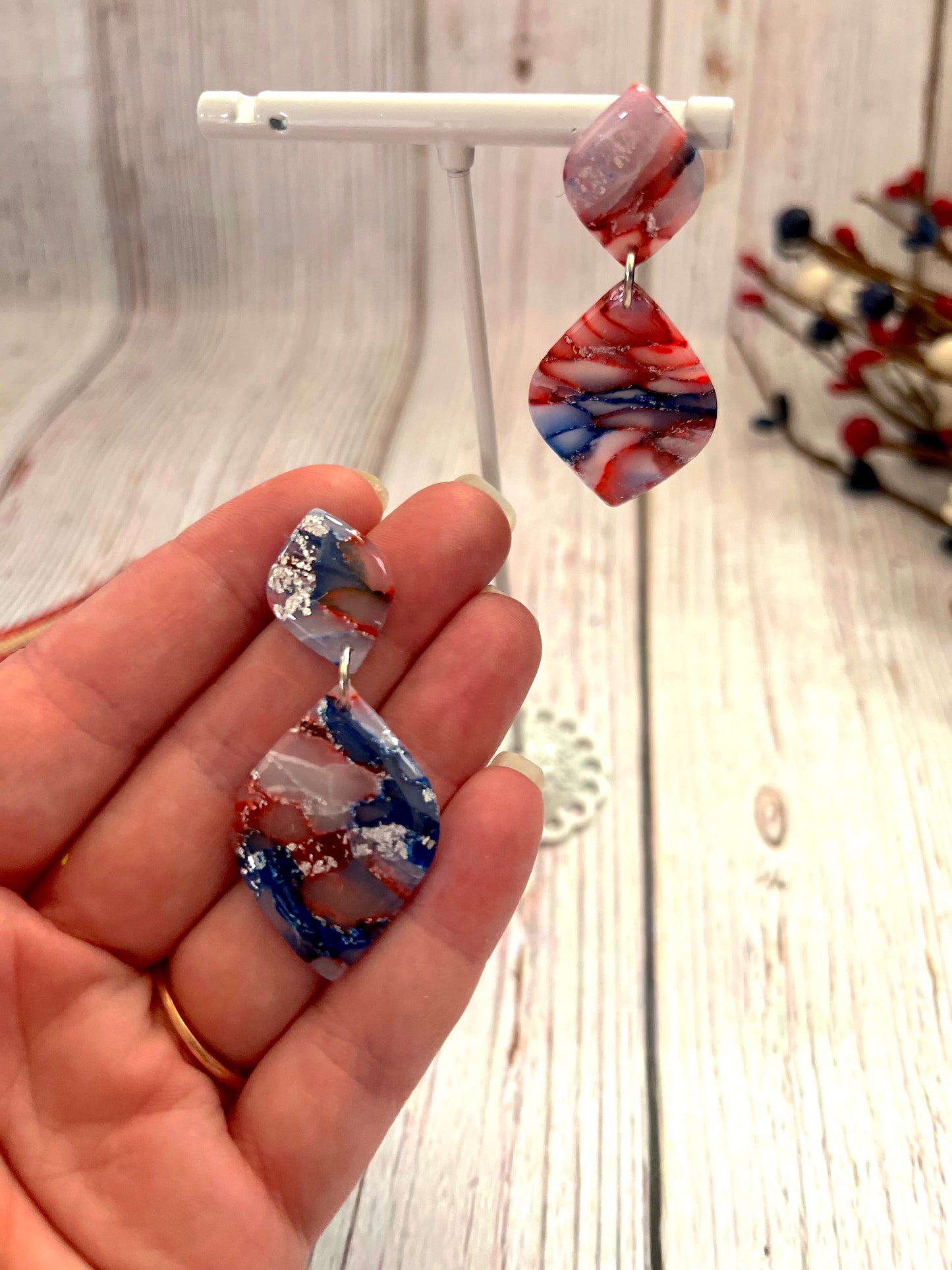 Red, White, and Blue Marbled Studded Dangling Earrings