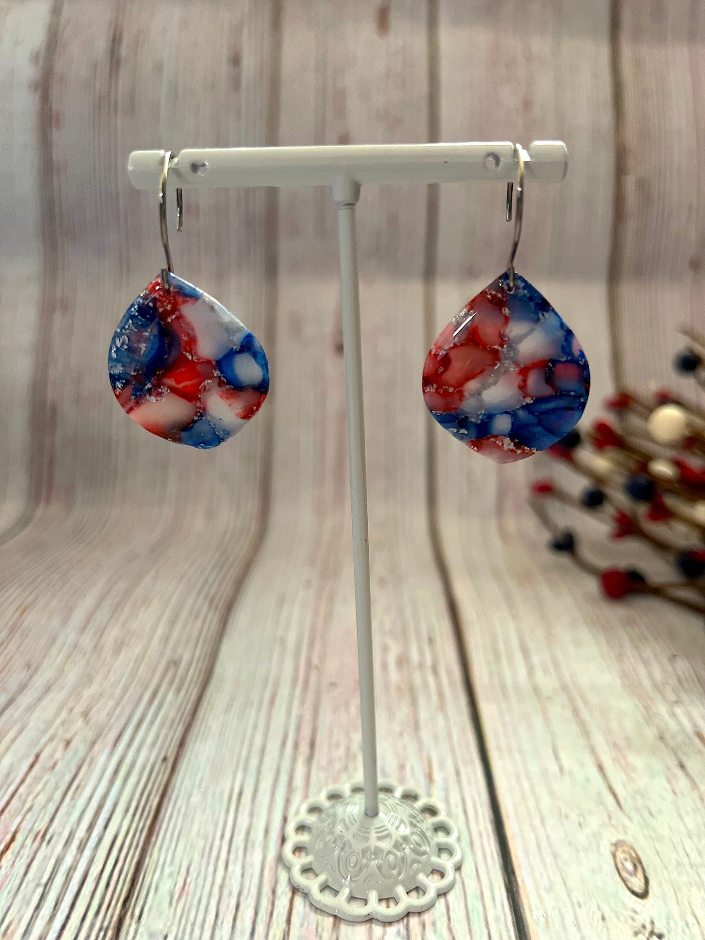Red, White, and Blue Marbled Silver Rounded Hook Dangling Earrings