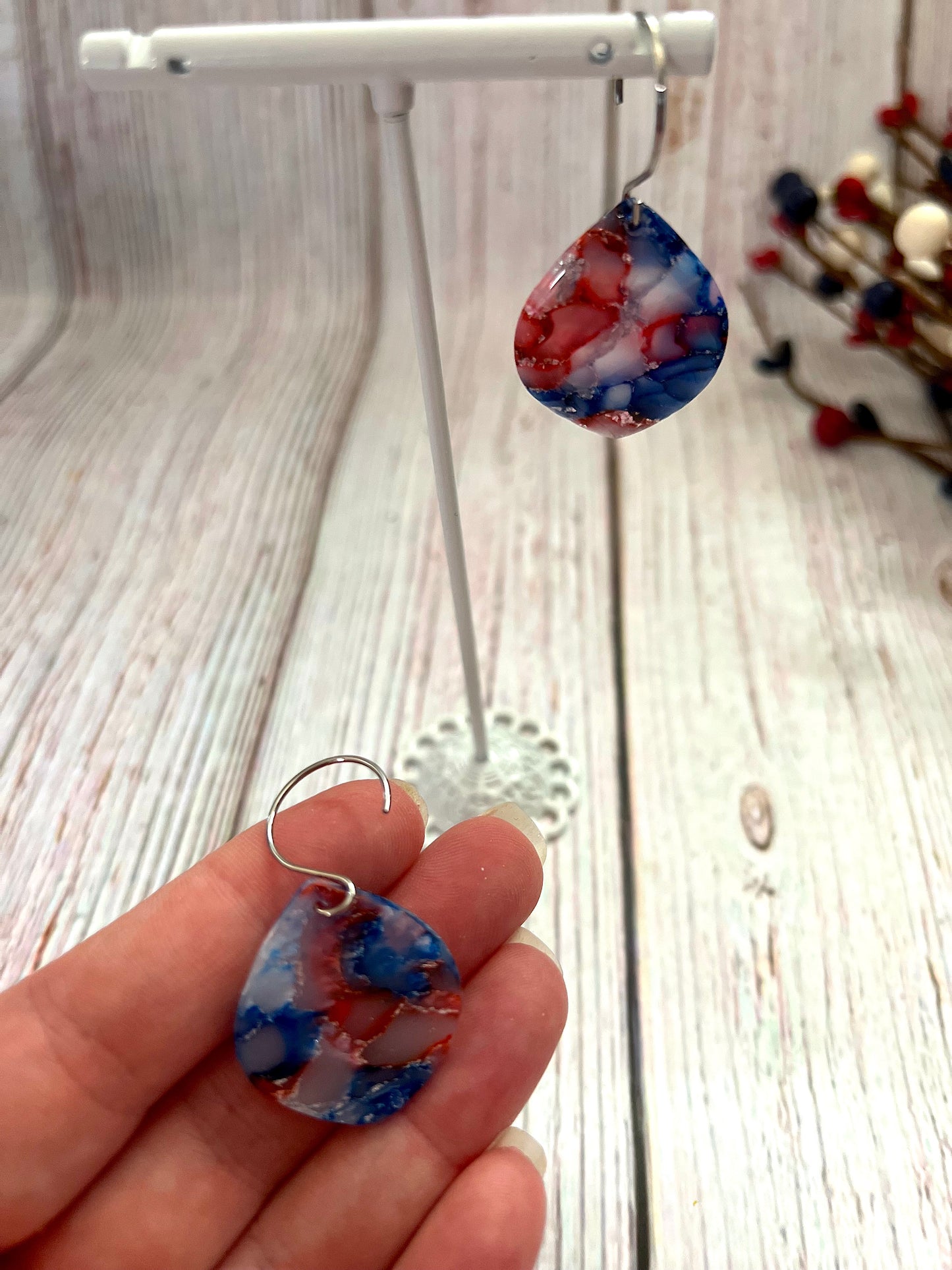 Red, White, and Blue Marbled Silver Rounded Hook Dangling Earrings