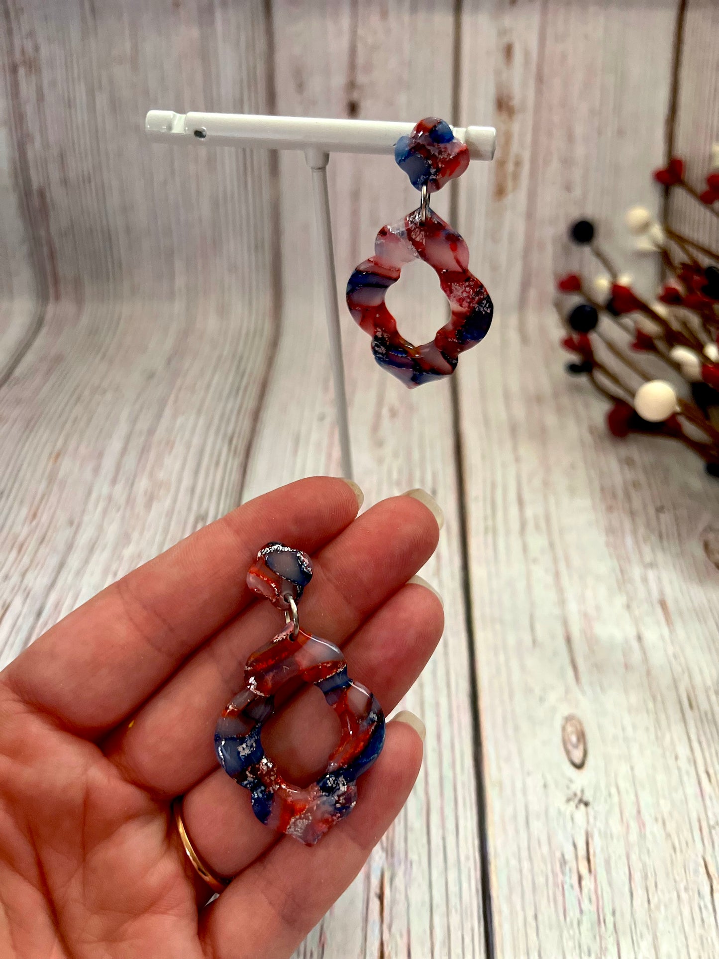 Red, White, and Blue Elegant Marbled Stud Dangle Earrings