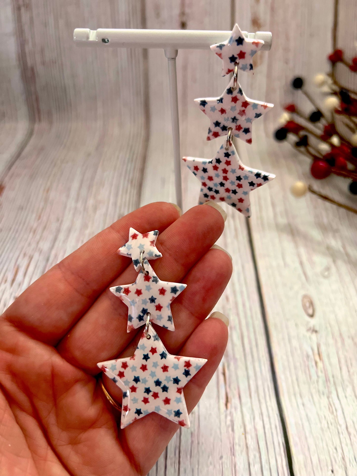 Small Red, White and Blue Star Patterned 3 Tire Star dangle Earrings