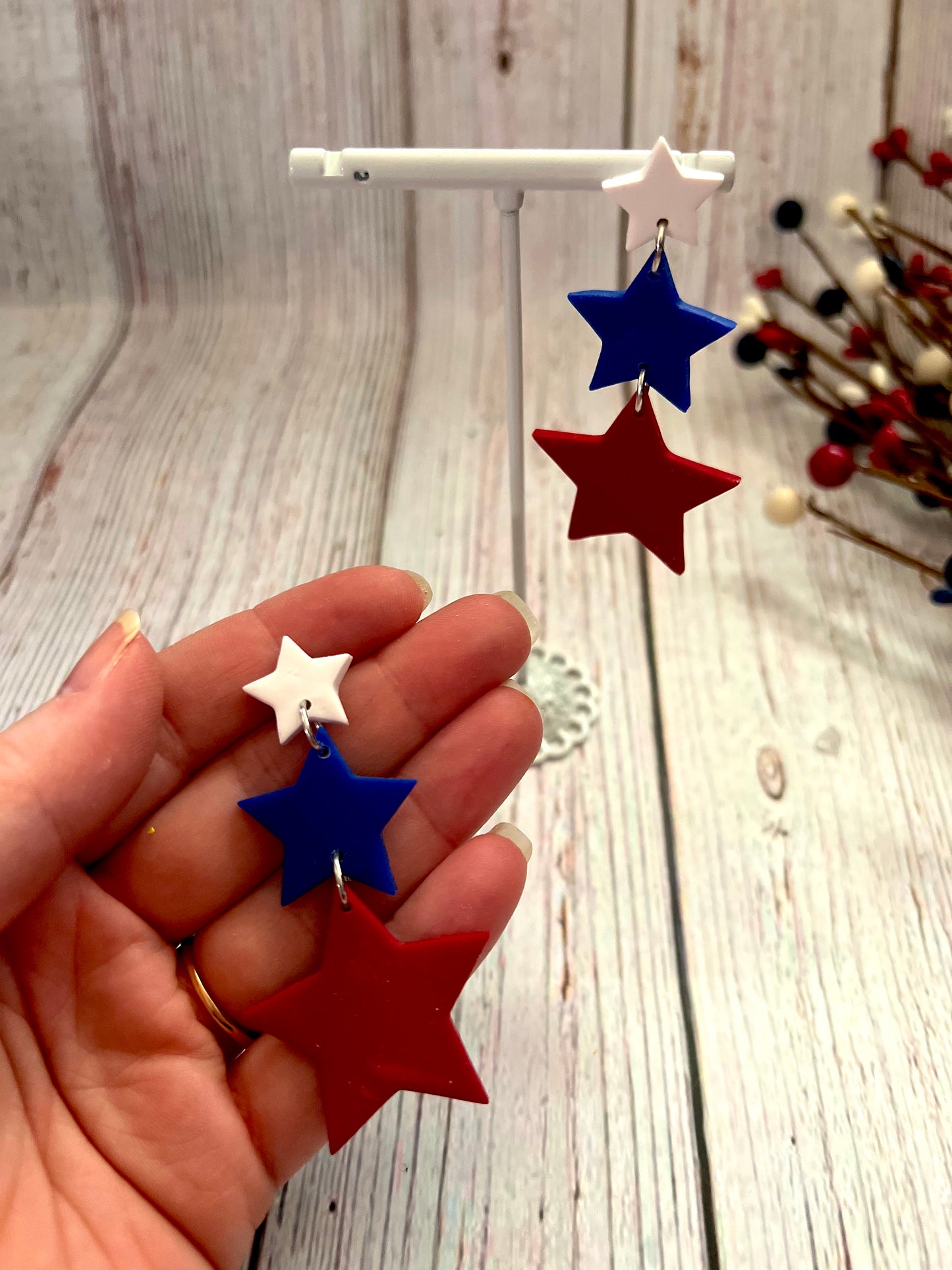 3 Tire Red, White, and Blue Star Stud Dangle Earrings
