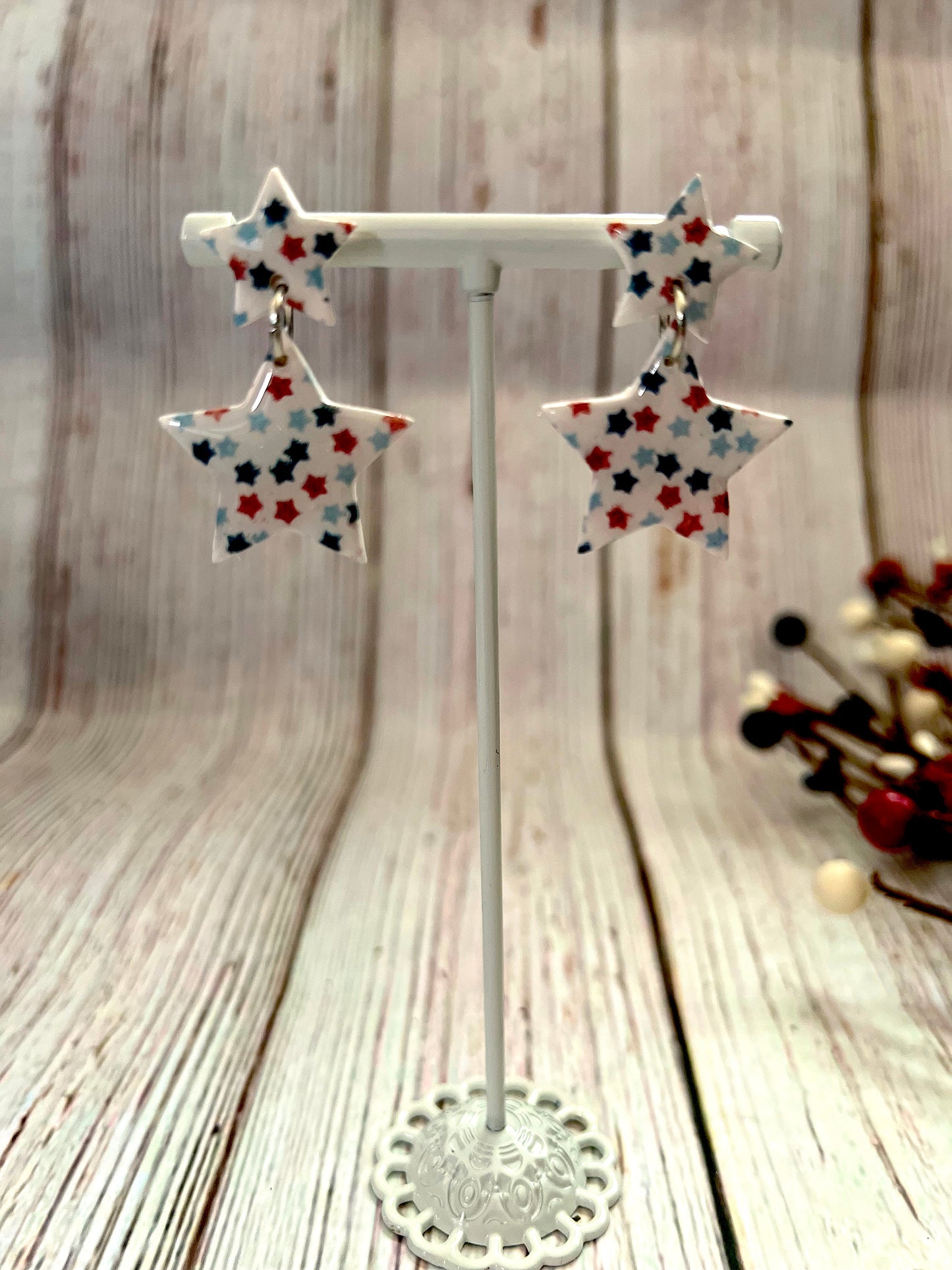 Small Red, White, and Blue Star Patterned 2 Star Dangle Earrings