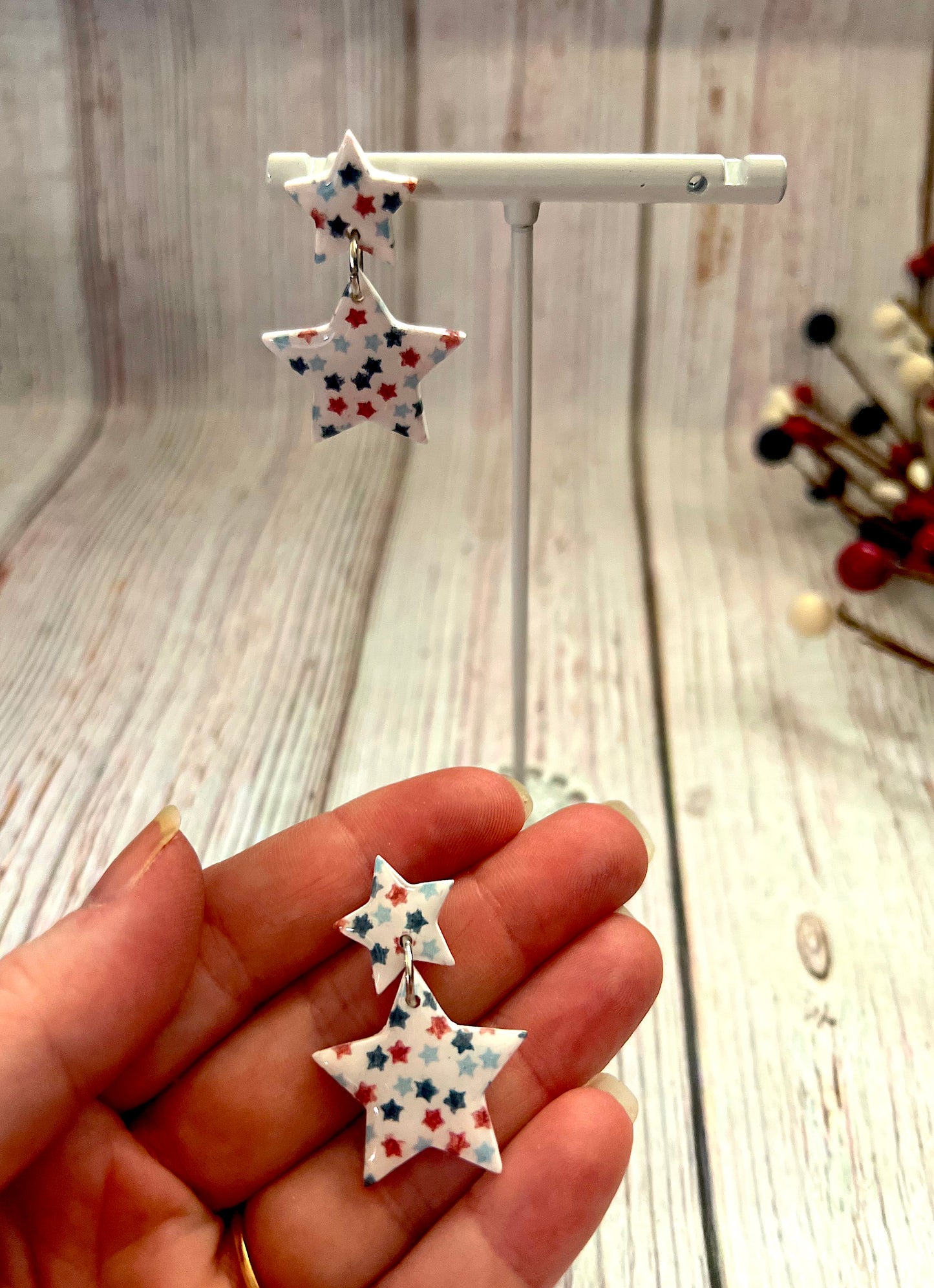 Small Red, White, and Blue Star Patterned 2 Star Dangle Earrings