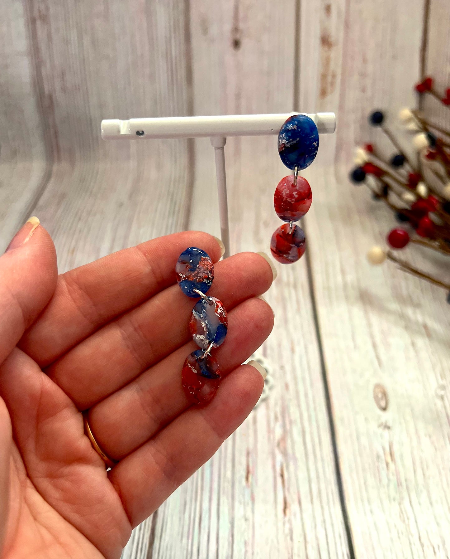 Red, White, and Blue Marbled # Tier Oval Dangle Stud Earrings