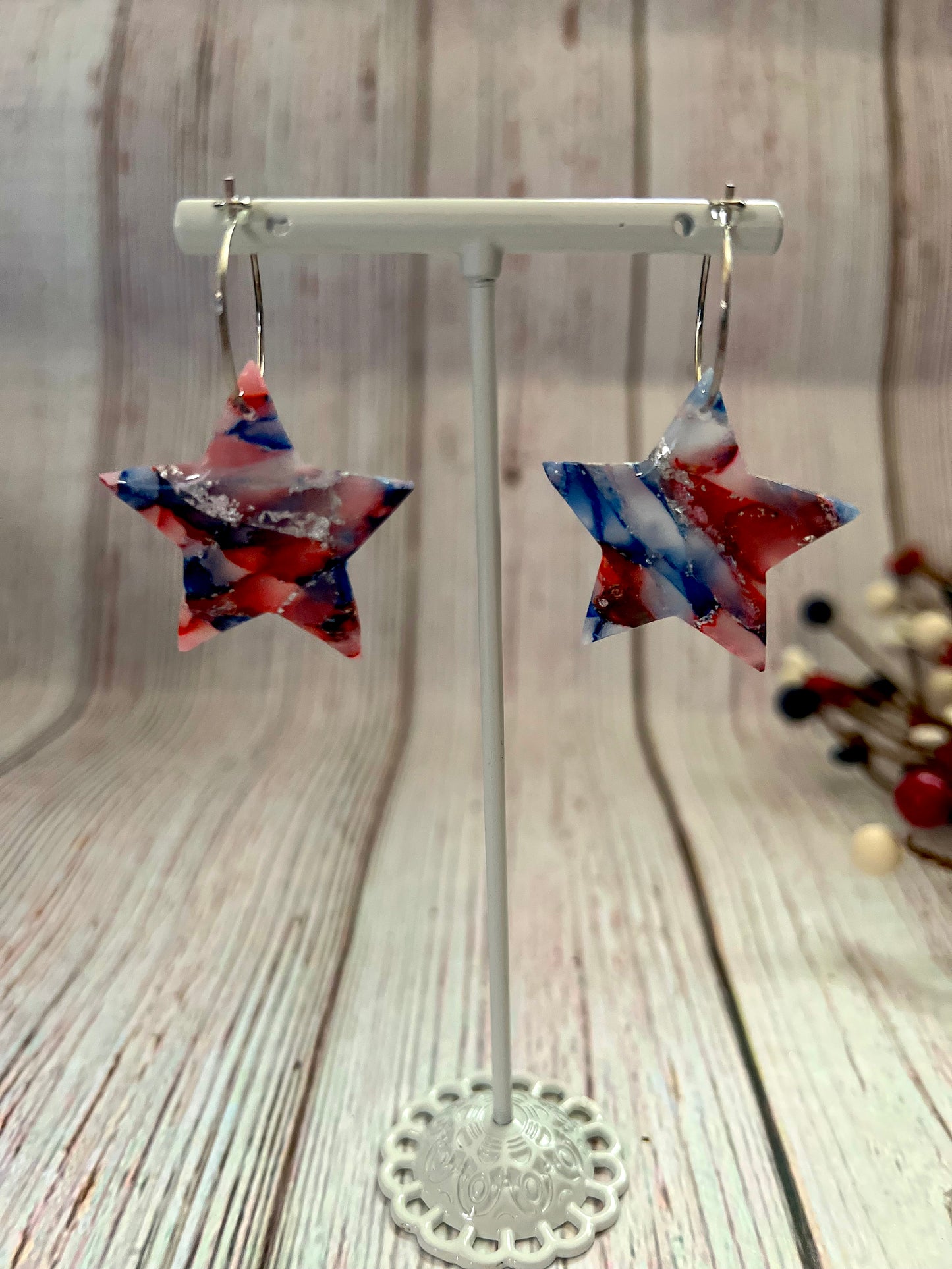 Red, White, and Blue Marbled Medium Star Hoop Earrings