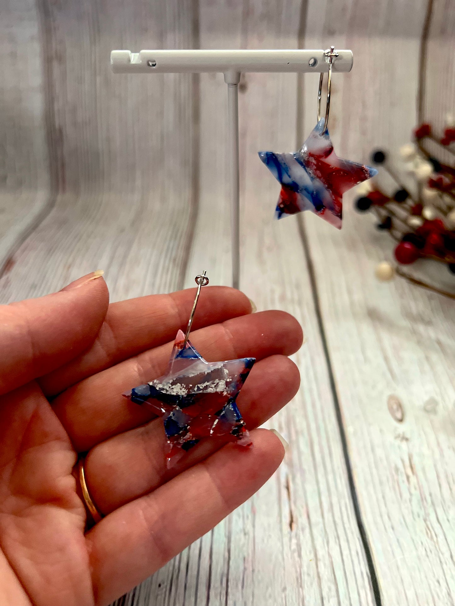 Red, White, and Blue Marbled Medium Star Hoop Earrings