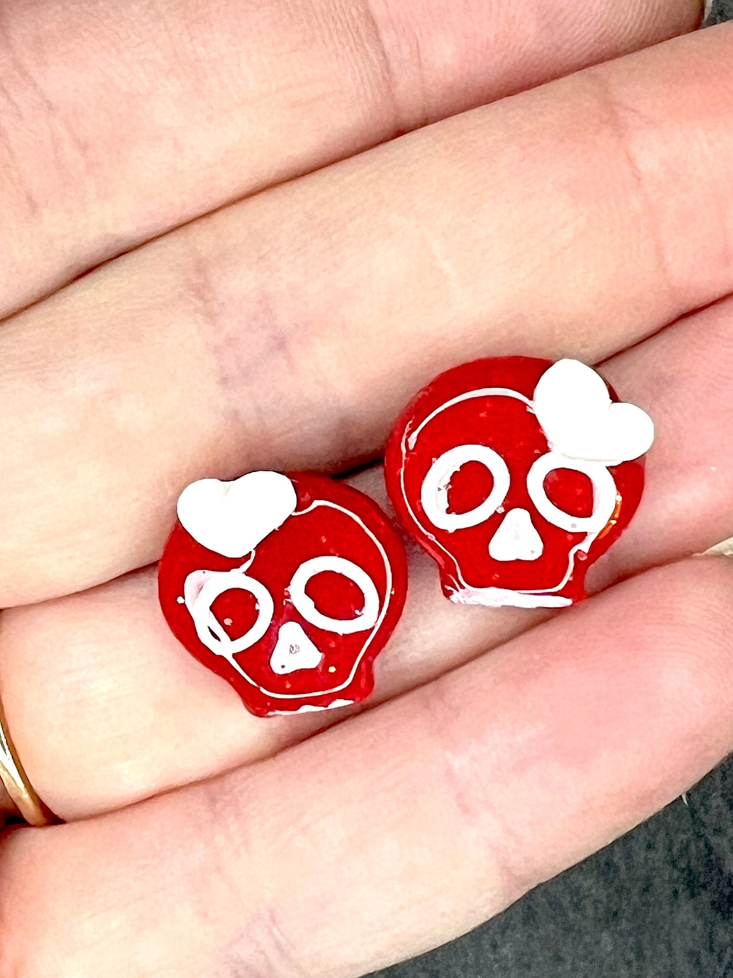 Handcrafted Skull Stud Earrings with Tiny Hearts