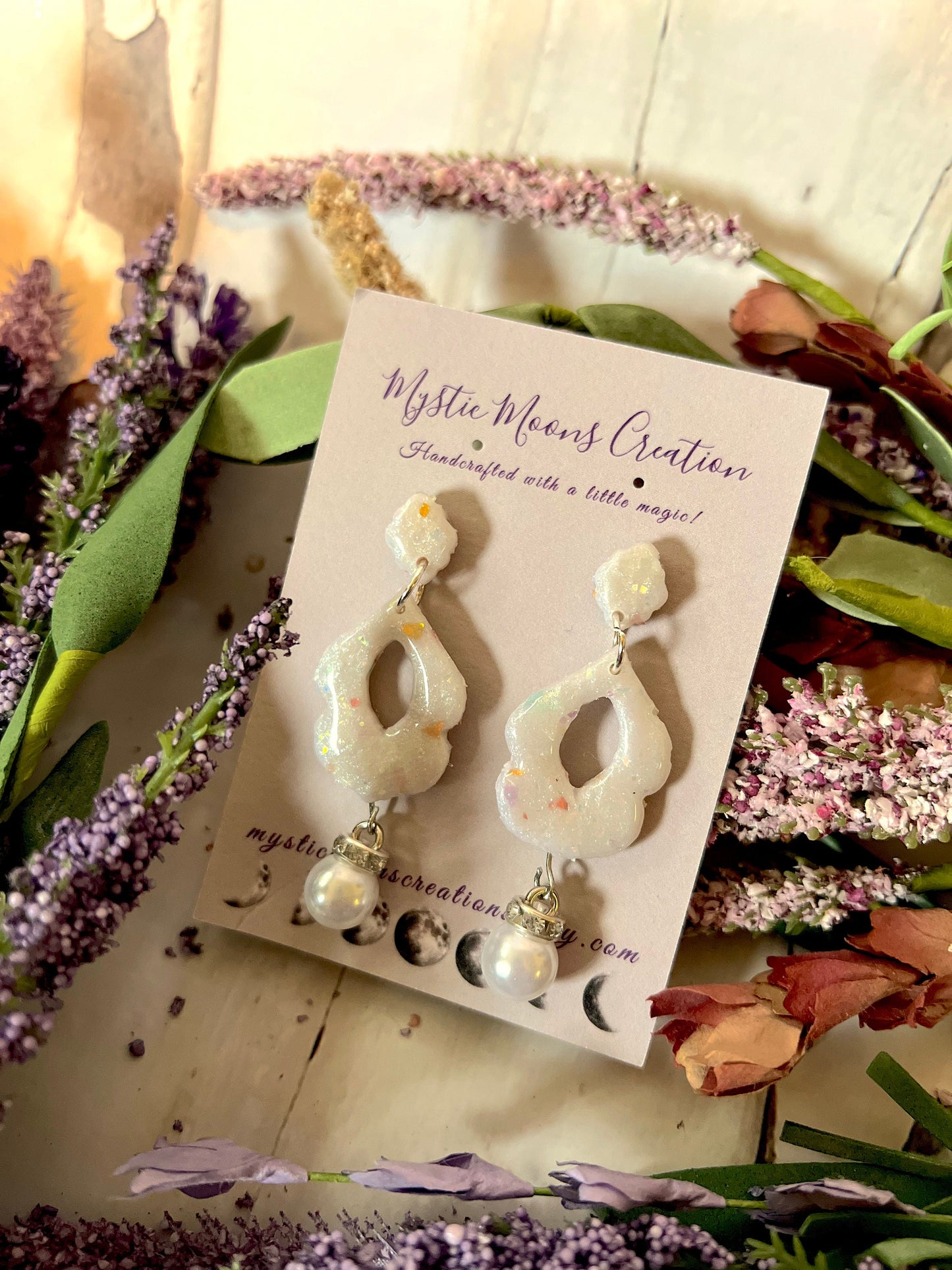 Handmade Faux Opal Dangling Earrings with Faux pearl and Cubic Zirconia Charm