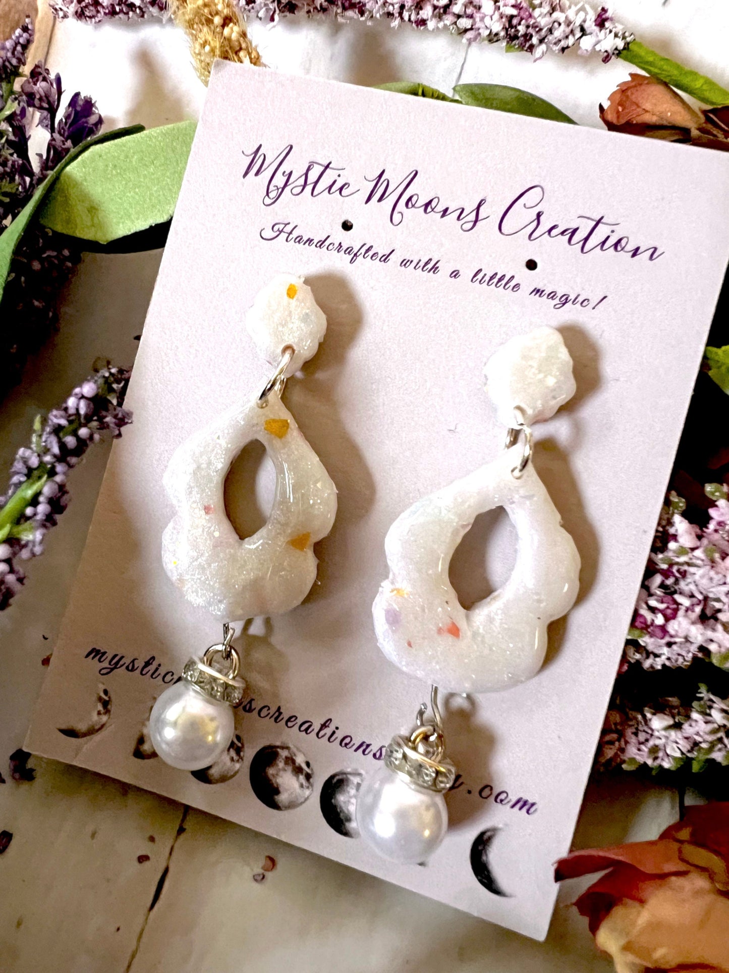 Handmade Faux Opal Dangling Earrings with Faux pearl and Cubic Zirconia Charm
