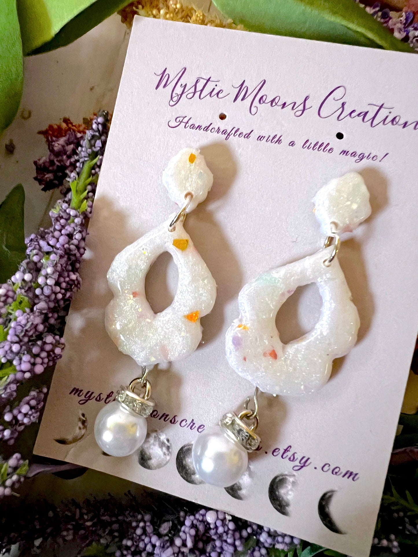 Handmade Faux Opal Dangling Earrings with Faux pearl and Cubic Zirconia Charm