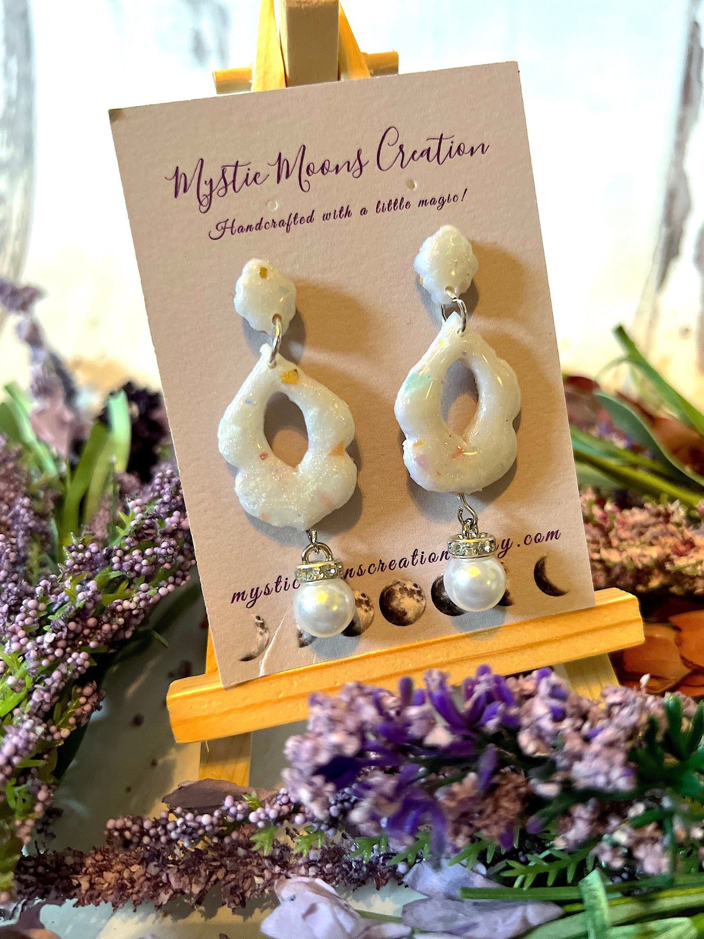 Handmade Faux Opal Dangling Earrings with Faux pearl and Cubic Zirconia Charm