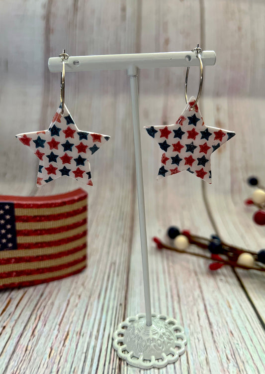 Large Red, White and Blue Star Pattern White Star Silver Hoop Earrings