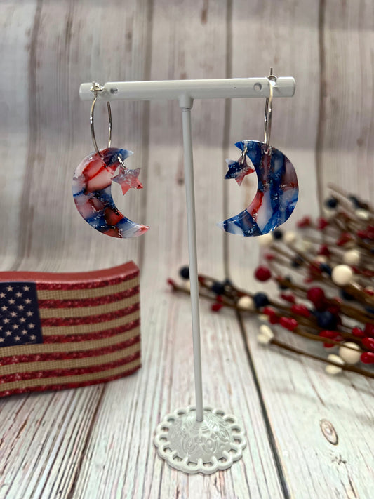Moon and Star Dangling Red, White And Blue Marble Silver Hoop Earrings