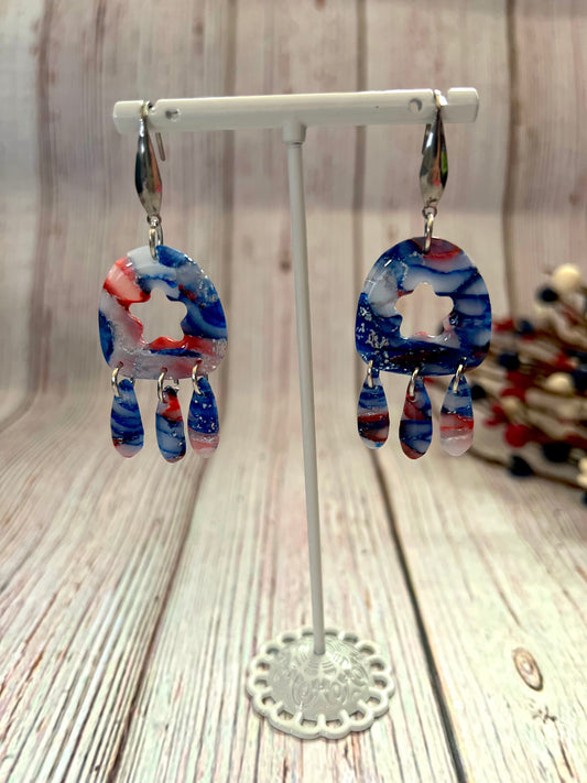 Red, White, and Blue Marbled Star Punched Earring with Tear Drops Dangle Earrings