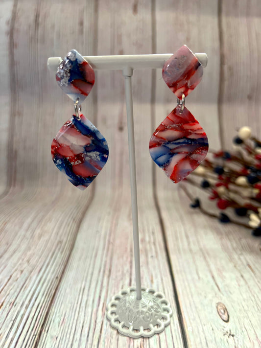 Red, White, and Blue Marbled Studded Dangling Earrings