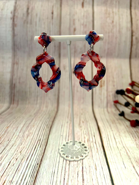 Red, White, and Blue Elegant Marbled Stud Dangle Earrings