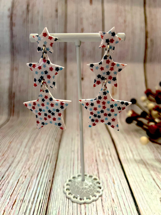 Small Red, White and Blue Star Patterned 3 Tire Star dangle Earrings