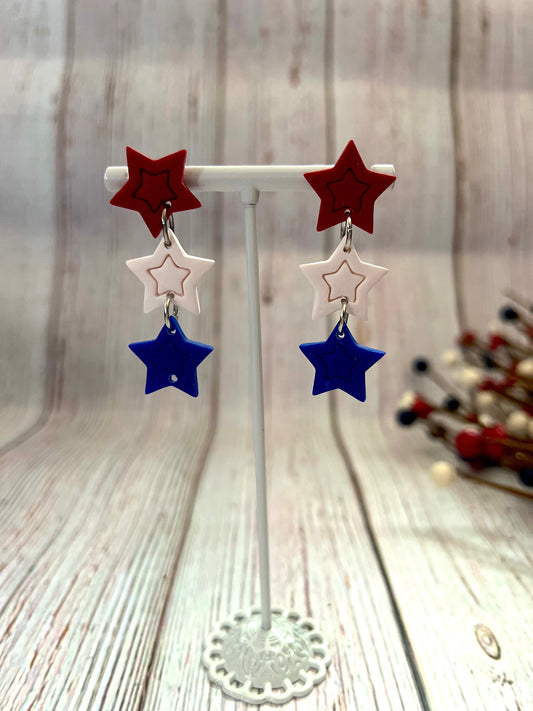 Star within a Star 3 Tier Red, White and Blue Dangle Earrings