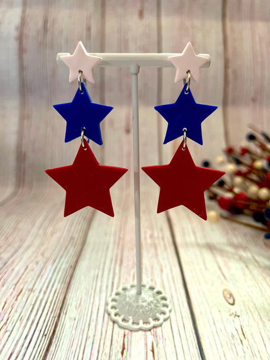 3 Tire Red, White, and Blue Star Stud Dangle Earrings