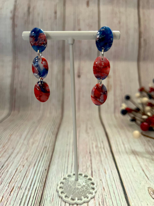 Red, White, and Blue Marbled # Tier Oval Dangle Stud Earrings