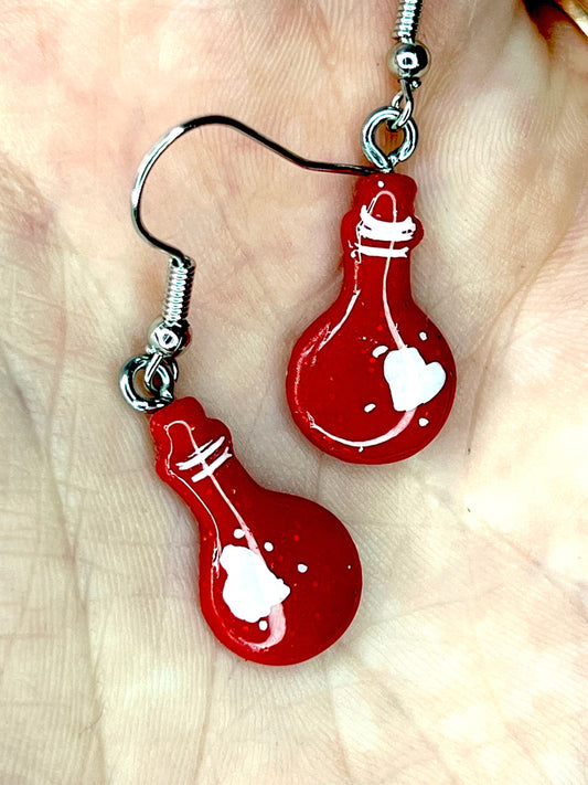 Glittery Red Heart LOVE Potion Bottle Dangling Earrings