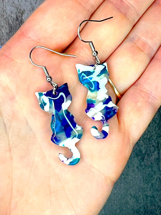 Blue Marble Cat Dangling Earrings
