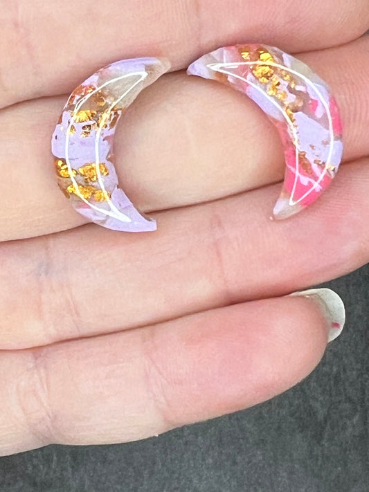 Pink and Purple Marbled Moon Stud Earrings