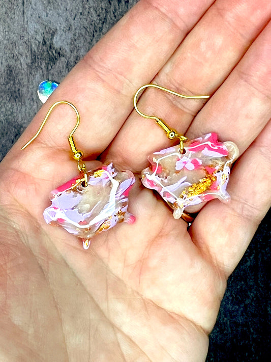Pink Purple and Gold Marbled Cauldron Dangle Earrings